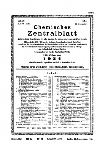 Chemisches Zentralblatt: 38/1954, 125. Jahrgang 22. September