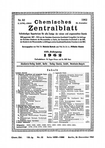 Chemisches Zentralblatt: 52/1962, 133. Jahrgang 26. Dezember