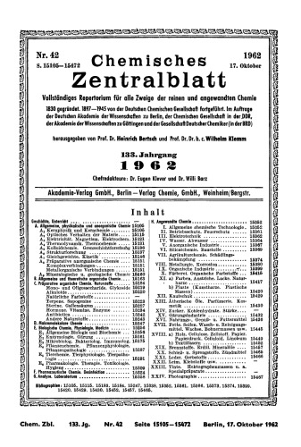 Chemisches Zentralblatt: 42/1962, 133. Jahrgang 17. Oktober