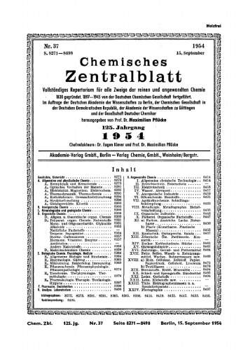 Chemisches Zentralblatt: 34/1954, 125. Jahrgang 15. September