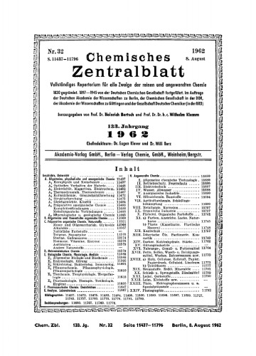 Chemisches Zentralblatt: 32/1962, 133. Jahrgang 8. August