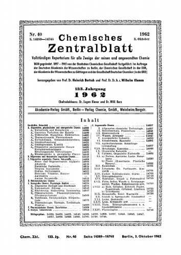 Chemisches Zentralblatt: 40/1962, 133. Jahrgang 3. Oktober