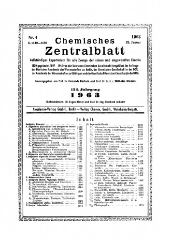 Chemisches Zentralblatt: 4/1963, 134. Jahrgang 23. Januar