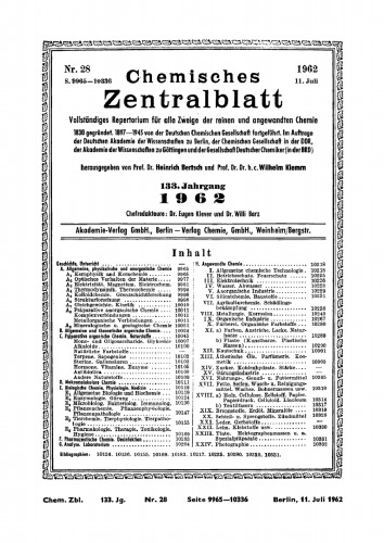 Chemisches Zentralblatt: 28/1962, 133. Jahrgang 11. Juli