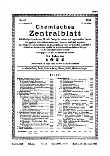 Chemisches Zentralblatt: 42/1954, 125. Jahrgang 20. Oktober