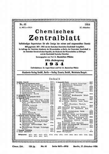 Chemisches Zentralblatt: 43/1954, 125. Jahrgang 27. Oktober