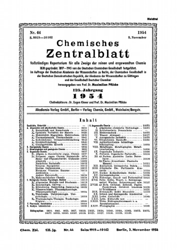 Chemisches Zentralblatt: 44/1954, 125. Jahrgang 8. November