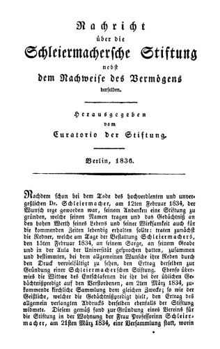Nachricht über die Schleiermachersche Stiftung nebst dem Nachweise des Vermögens