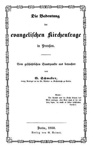 Die Bedeutung der evangelischen Kirchenfrage in Preußen