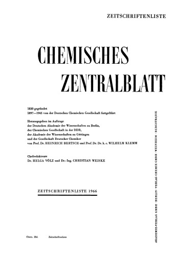 Chemisches Zentralblatt / Zeitschriftenliste: 1966