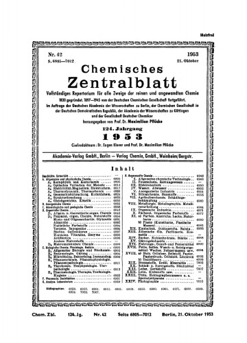 Chemisches Zentralblatt: 42/1953, 124. Jahrgang 21. Oktober 1953