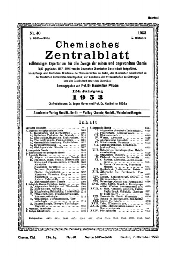 Chemisches Zentralblatt: 40/1953, 124. Jahrgang 7. Oktober 1953
