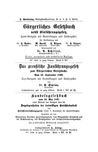 Bürgerliches Gesetzbuch nebst Einführungsgesetz: Für Preussen zusammengestellt unter Einfügung der sämmtlichen preussischen Ausführungsbestimmungen.Text-Ausgabe mit ausführlichem Sachregister