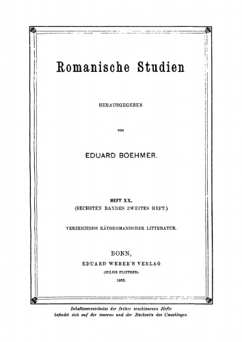 Romanische Studien: Heft 20 Verzeichniss Rätoromanischer Litteratur