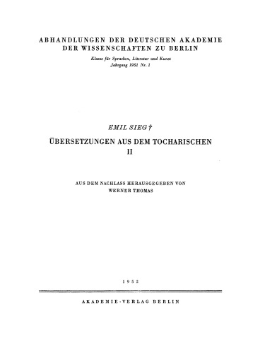 Übersetzungen aus dem Tocharischen II: Aus dem Nachlass Herausgegeben