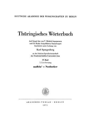 Thüringisches Wörterbuch: Band 4, Lieferung 7 Muffeln² – Nesthocker
