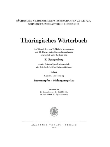 Thüringisches Wörterbuch: Band 5, Lieferung 4 und 5 Sauerampfer – Schlangenspritze