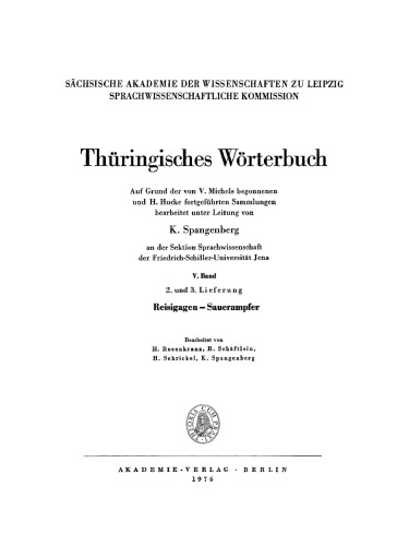 Thüringisches Wörterbuch: Band 5, Lieferung 2 und 3 Reisigagen – Sauerampfer