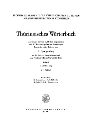Thüringisches Wörterbuch: Band 5, Lieferung 1 R – Reisig