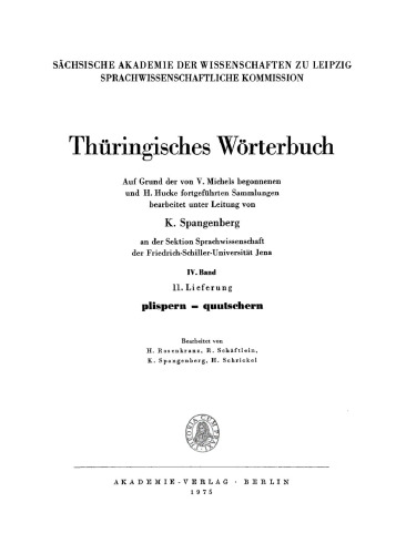 Thüringisches Wörterbuch: Band 4, Lieferung 11 Plispern – quutschern