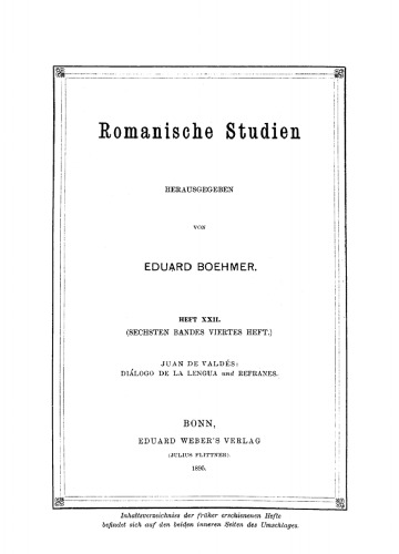 Romanische Studien: Heft 22 Diálogo de la lengua und Refranes