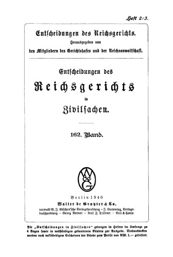 Entscheidungen des Reichsgerichts in Zivilsachen: Band 162, Heft 2/3
