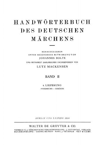Handwörterbuch des deutschen Märchens: Band 2, Lieferung4 Friedrichs – Gebärde