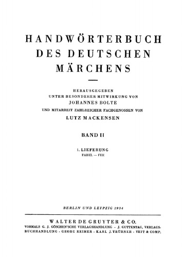 Handwörterbuch des deutschen Märchens: Band 2, Lieferung 1 Fabel – Fee