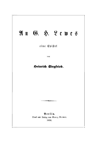 An H. G. Lewes: Eine Epistel