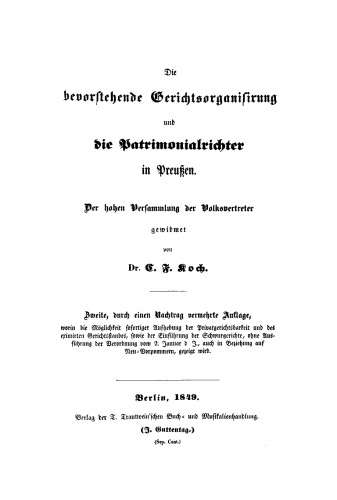 Die bevorstehende Gerichtsorganisirung die Patrimonialrichter in Preußen