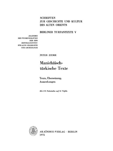 Manichäisch-türkische Texte: Texte, Übersetzung, Anmerkungen