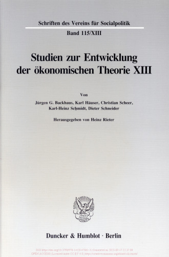 Deutsche Finanzwissenschaft zwischen 1918 und 1939: Studien zur Entwicklung der ökonomischen Theorie XIII