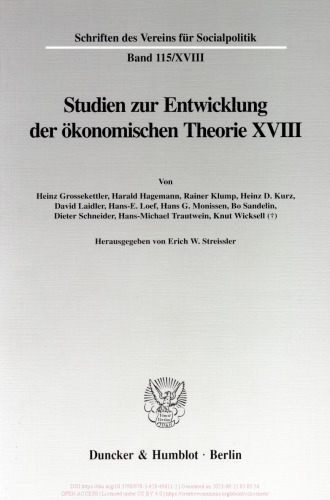 Knut Wicksell als Ökonom: Studien zur Entwicklung der ökonomischen Theorie XVIII