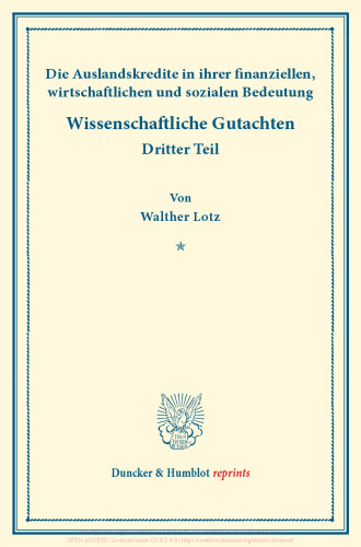 Die Auslandskredite in ihrer finanziellen, wirtschaftlichen und sozialen Bedeutung: Finanzwissenschaftliche Untersuchungen, dritter Teil. Wissenschaftliche Gutachten. (Schriften des Vereins für Sozialpolitik 174/III)