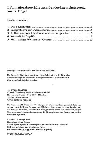 Informationsbroschüre zum Bundesdatenschutzgesetz: in der Fassung der Neubekanntmachung vom 14. Januar 2003 mit den Änderungen vom 22. August 2006