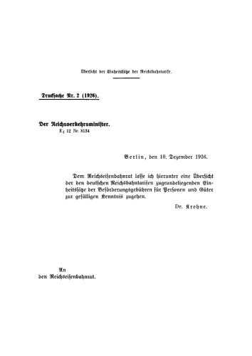 Verhandlungen des Reichseisenbahnrats: Heft 15/1926 Übersicht der Einheitssätze der Reichsbahntarife
