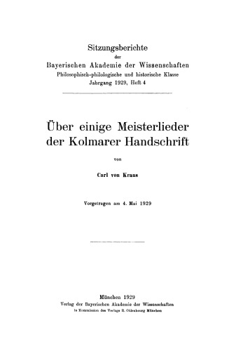Über einige Meisterlieder der Kolmarer Handschrift