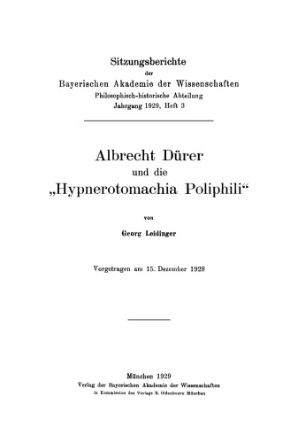 Albrecht Dürer und die “Hypnerotomachia Poliphili”
