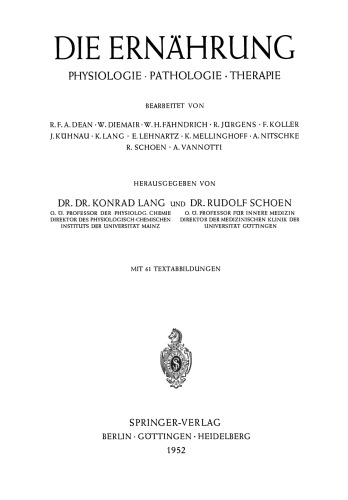 Die Ernährung: Physiologie · Pathologie · Therapie