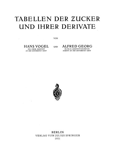 Tabellen der Ƶucker und Ihrer Derivate