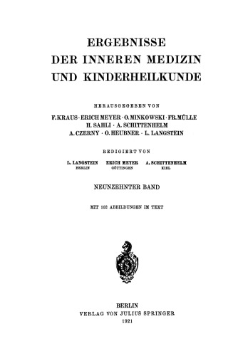 Ergebnisse der Inneren Medizin und Kinderheilkunde: Neunzehnter Band