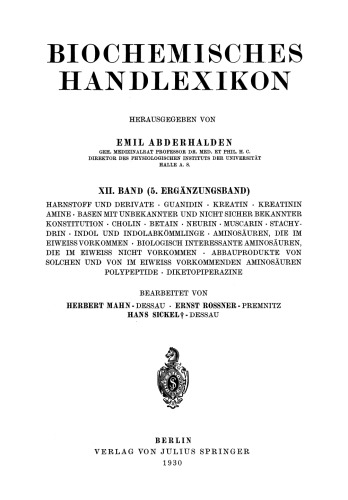 Biochemisches Handlexikon: XII. Band (5. Erganzungsband)