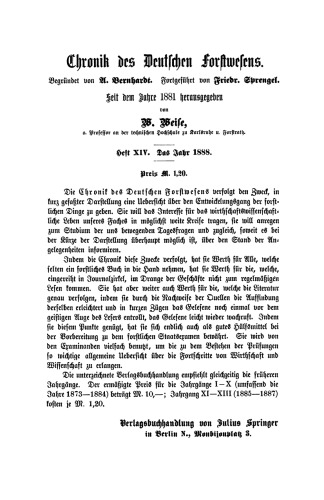 Chronik des Deutschen Forstwesens im Jahre 1888: XIV. Jahrgang