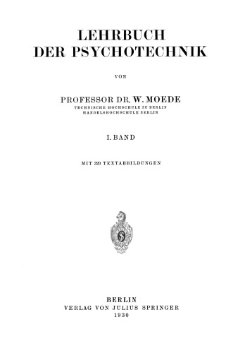 Lehrbuch der Psychotechnik: I. Band