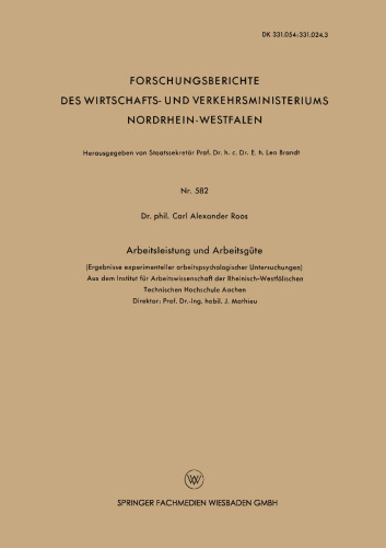 Arbeitsleistung und Arbeitsgüte: (Ergebnisse experimenteller arbeitspsychologischer Untersuchungen)