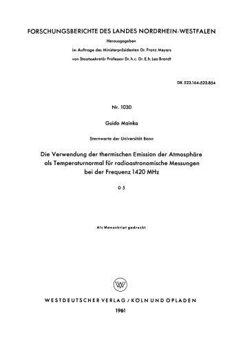 Die Verwendung der thermischen Emission der Atmosphäre als Temperaturnormal für radioastronomische Messungen bei der Frequenz 1420 MHz