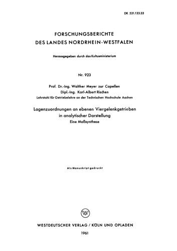 Lagenzuordnungen an ebenen Viergelenkgetrieben in analytischer Darstellung: Eine Maßsynthese
