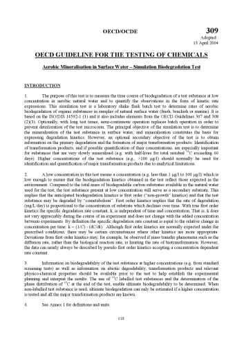 Test No. 309: Aerobic Mineralisation in Surface Water Simulation Biodegradation Test