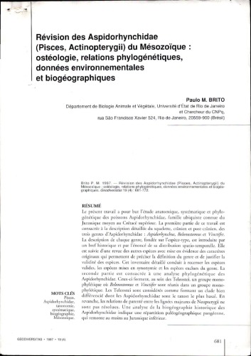 Révision des Aspidorhynchidae (Pisces, Actinopterygii) du Mésozoïque : ostéologie, relations phylogénétiques, données environnementales et biogéographiques