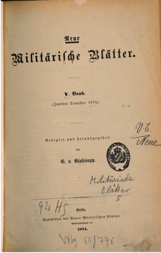 Neue militärische Blätter / Zweites Semester 1874